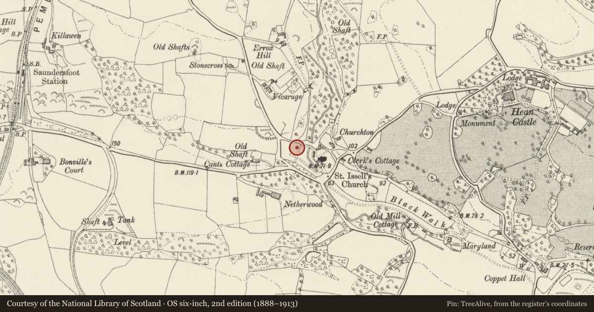 Ordnance Survey six-inch map, 2nd edition (1888–1913) covering the location of Set of Five cast iron grave slabs in Saint Issell's churchyard, Saundersfoot, Pembrokeshire, with a pin at the register's coordinates