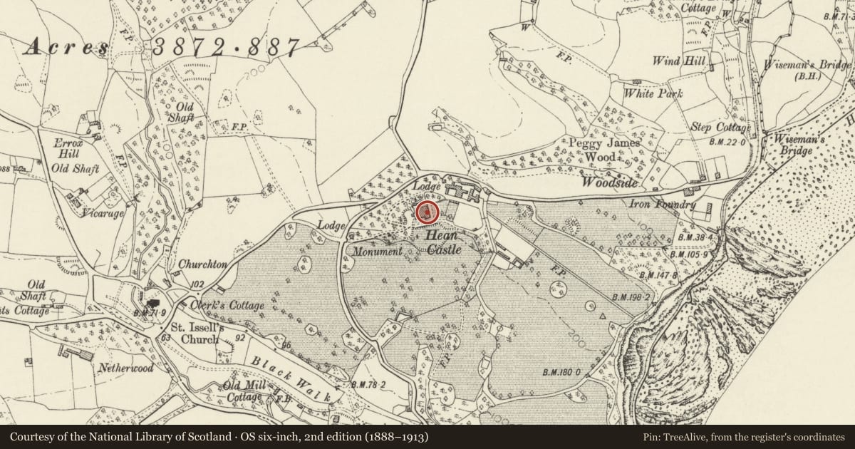 Ordnance Survey six-inch map, 2nd edition (1888–1913) covering the location of Hean Castle, Saundersfoot, Pembrokeshire, with a pin at the register's coordinates