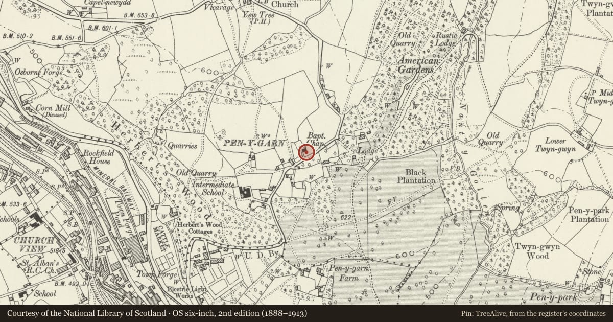 Ordnance Survey six-inch map, 2nd edition (1888–1913) covering the location of Tomb of William Edmunds at Tabernacle Baptist Church, Trevethin, Torfaen, with a pin at the register's coordinates
