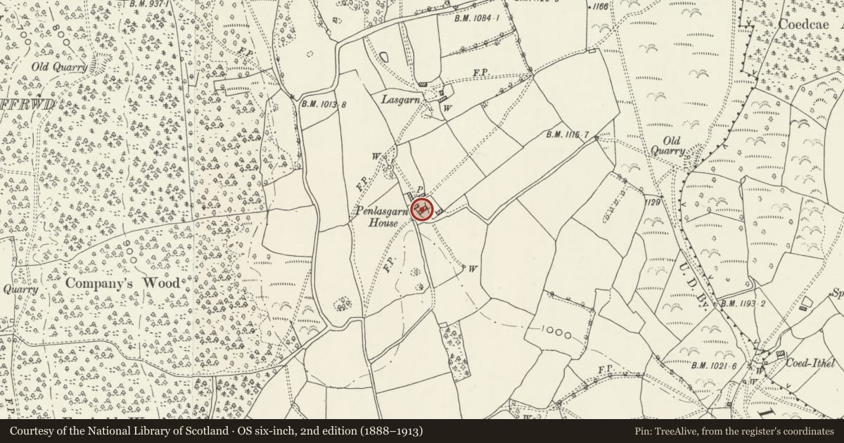 Ordnance Survey six-inch map, 2nd edition (1888–1913) covering the location of Penlasgarn Farmhouse, Trevethin, Torfaen, with a pin at the register's coordinates