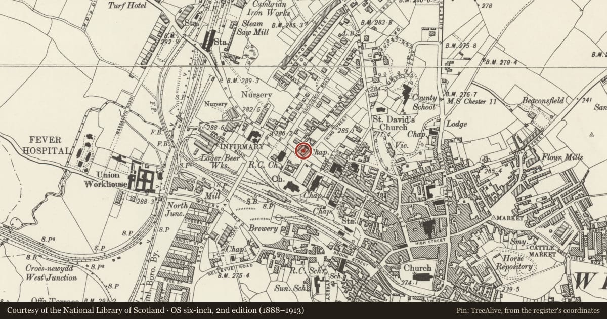 Ordnance Survey six-inch map, 2nd edition (1888–1913) covering the location of Nos.1, 3 & 5, with Nos. 56, 58 & 60 Regent Street, King Street (W side), Rhosddu, Wrexham, with a pin at the register's coordinates