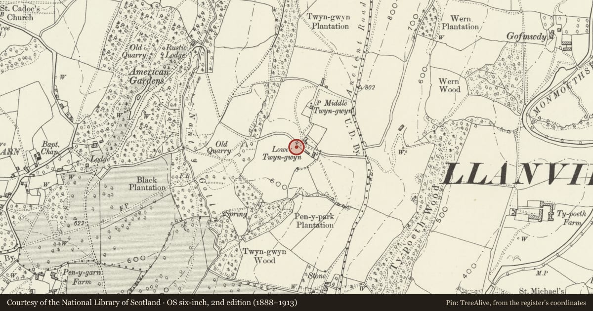 Ordnance Survey six-inch map, 2nd edition (1888–1913) covering the location of Barn at Twyn-gwyn Farm, Trevethin, Torfaen, with a pin at the register's coordinates