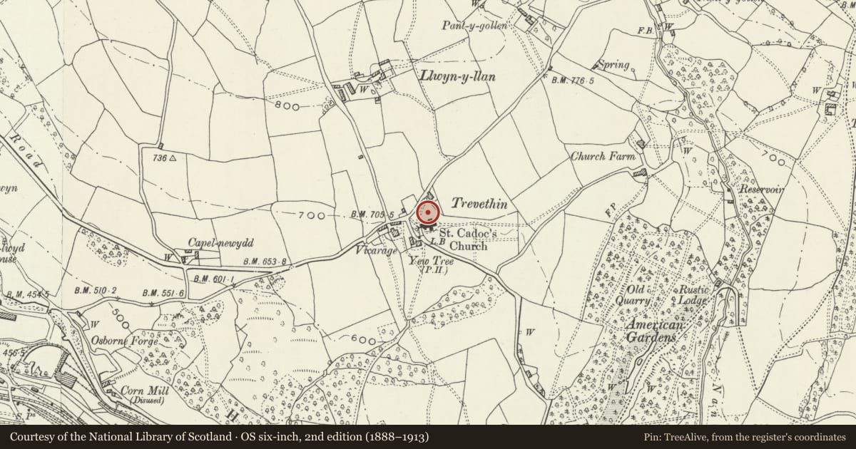 Ordnance Survey six-inch map, 2nd edition (1888–1913) covering the location of Tomb of Lewis Prichard in St. Cadoc's Churchyard, Trevethin, Torfaen, with a pin at the register's coordinates
