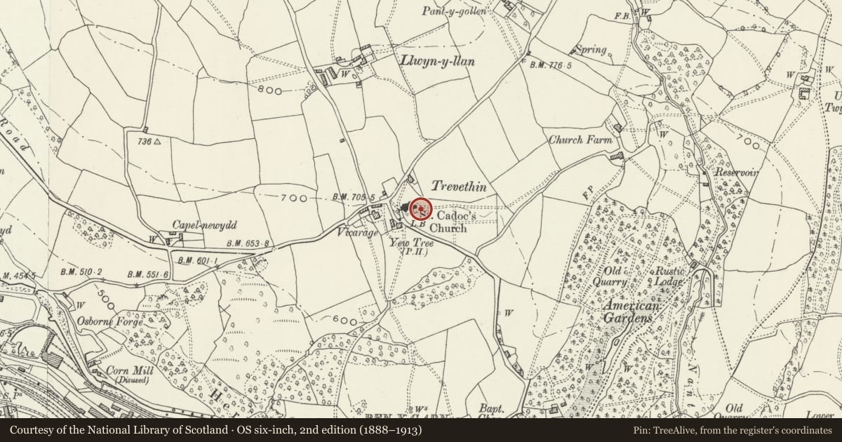 Ordnance Survey six-inch map, 2nd edition (1888–1913) covering the location of Tomb of Margaret Davies in St. Cadoc's Churchyard, Trevethin, Torfaen, with a pin at the register's coordinates