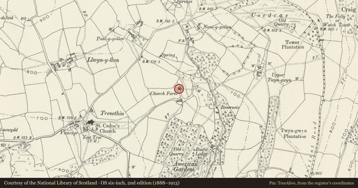 Ordnance Survey six-inch map, 2nd edition (1888–1913) covering the location of Church Farm, Trevethin, Torfaen, with a pin at the register's coordinates