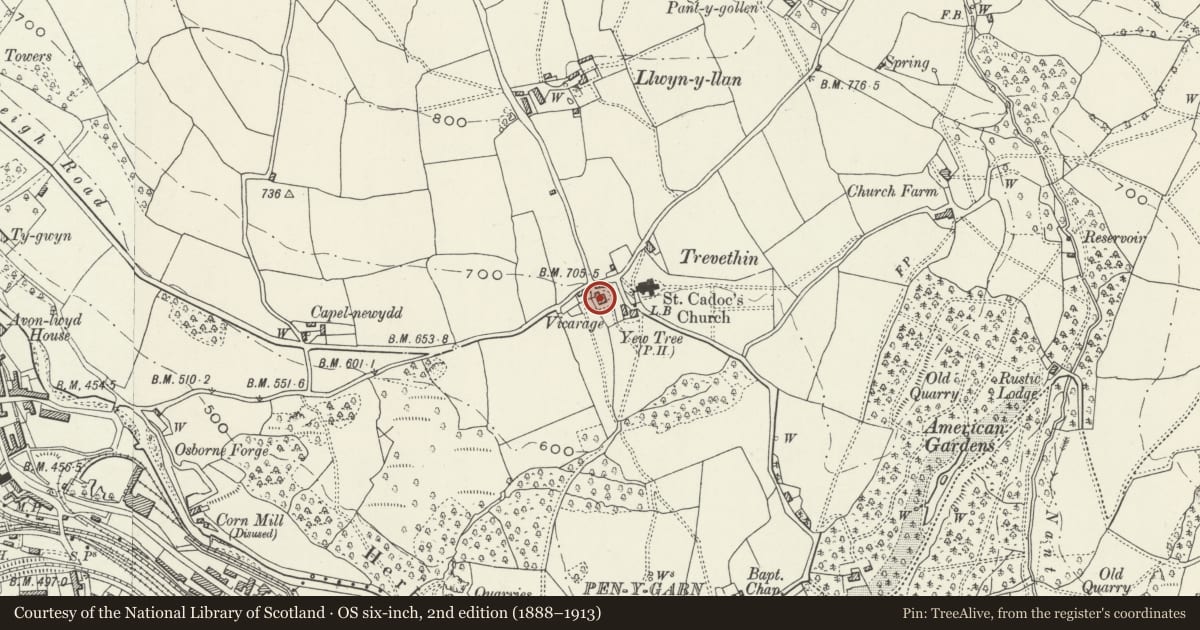 Ordnance Survey six-inch map, 2nd edition (1888–1913) covering the location of The Vicarage, Trevethin, Torfaen, with a pin at the register's coordinates
