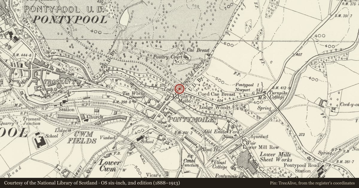 Ordnance Survey six-inch map, 2nd edition (1888–1913) covering the location of Entrance Gates to Pontypool Park, Trevethin, Torfaen, with a pin at the register's coordinates