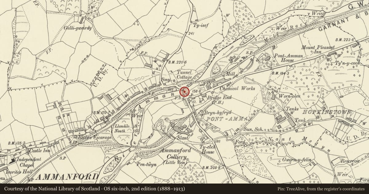 Ordnance Survey six-inch map, 2nd edition (1888–1913) covering the location of Pontamman Bridge, Betws, Carmarthenshire, with a pin at the register's coordinates