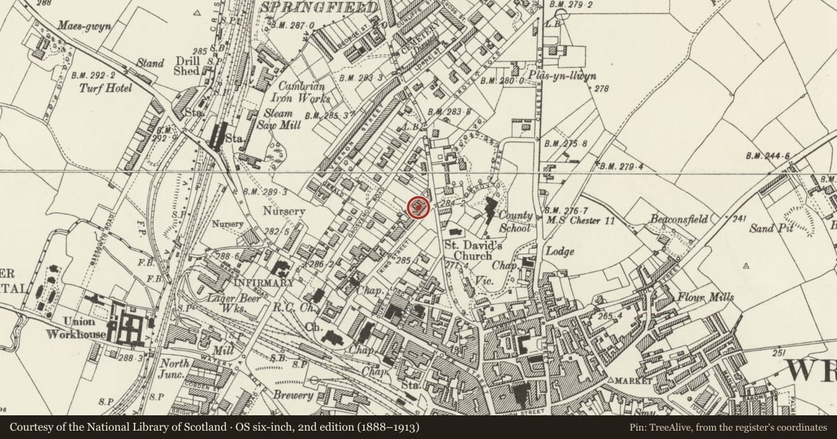 Ordnance Survey six-inch map, 2nd edition (1888–1913) covering the location of 55 King Street, Rhosddu, Wrexham, with a pin at the register's coordinates