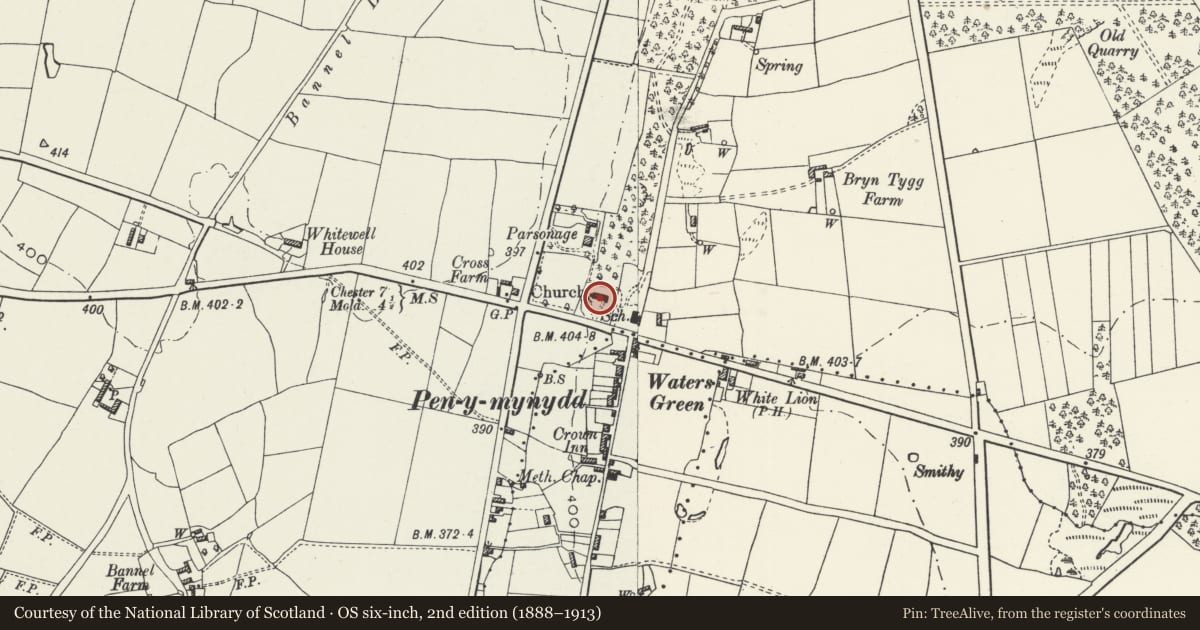 Ordnance Survey six-inch map, 2nd edition (1888–1913) covering the location of St John the Baptist's Church, Penyffordd, Flintshire, with a pin at the register's coordinates