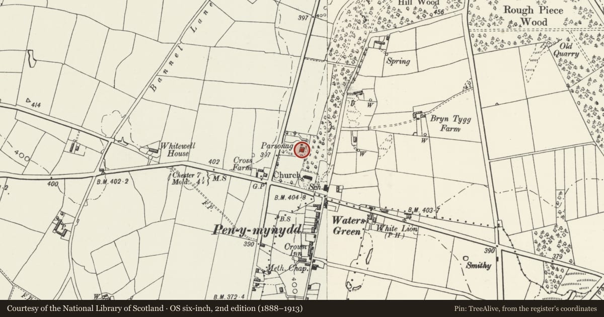 Ordnance Survey six-inch map, 2nd edition (1888–1913) covering the location of Old Parsonage, Penyffordd, Flintshire, with a pin at the register's coordinates