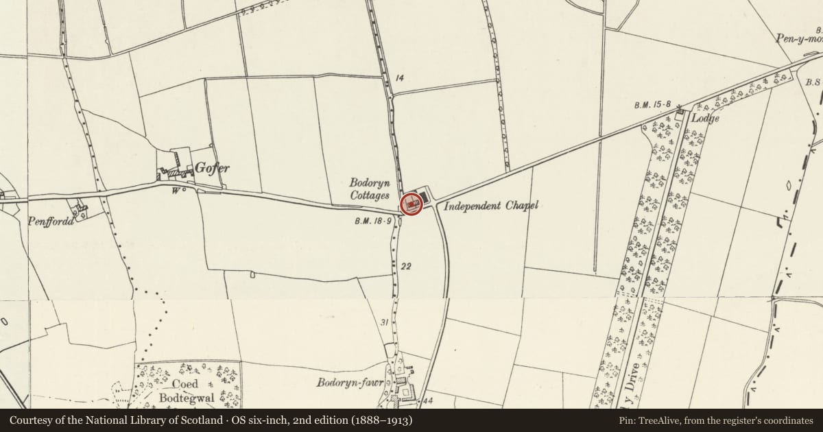 Ordnance Survey six-inch map, 2nd edition (1888–1913) covering the location of Bodoryn Cottages, Kinmel Bay and Towyn, Conwy, with a pin at the register's coordinates