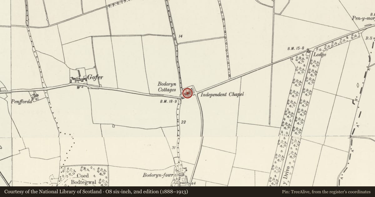 Ordnance Survey six-inch map, 2nd edition (1888–1913) covering the location of Bodoryn Cottages, Kinmel Bay and Towyn, Conwy, with a pin at the register's coordinates