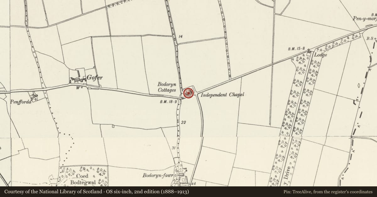 Ordnance Survey six-inch map, 2nd edition (1888–1913) covering the location of No 3, Bodoryn Cottages, Kinmel Bay and Towyn, Conwy, with a pin at the register's coordinates