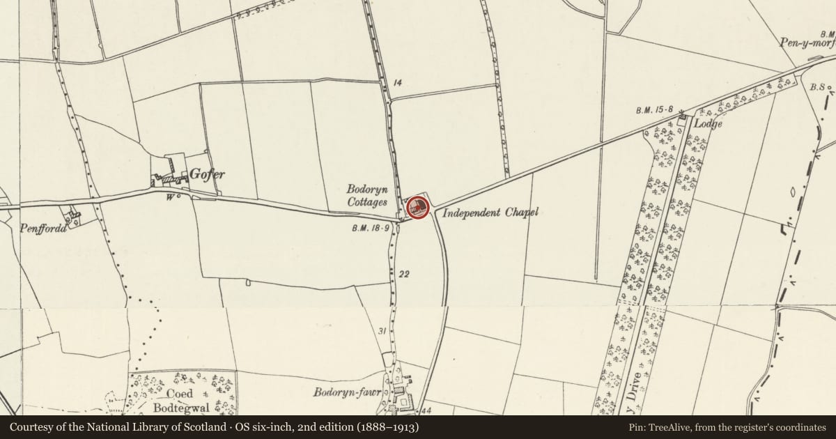 Ordnance Survey six-inch map, 2nd edition (1888–1913) covering the location of No 4, Bodoryn Cottages, Kinmel Bay and Towyn, Conwy, with a pin at the register's coordinates