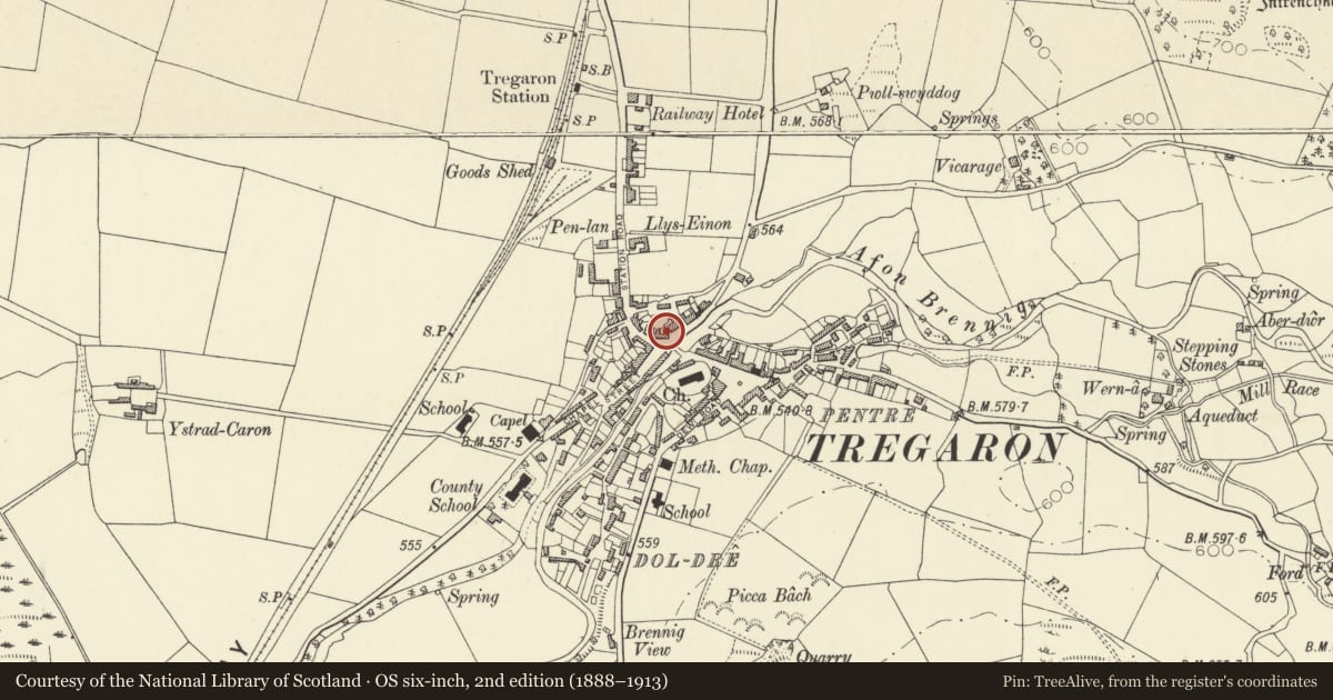 Ordnance Survey six-inch map, 2nd edition (1888–1913) covering the location of National Westminster Bank, Tregaron, Ceredigion, with a pin at the register's coordinates