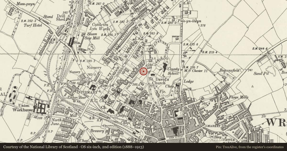 Ordnance Survey six-inch map, 2nd edition (1888–1913) covering the location of Trinity Presbyterian Church of Wales, Rhosddu, Wrexham, with a pin at the register's coordinates