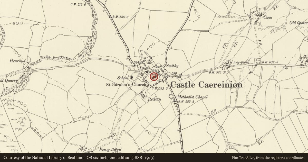 Ordnance Survey six-inch map, 2nd edition (1888–1913) covering the location of Church of St Garmon, Castle Caereinion, Powys, with a pin at the register's coordinates