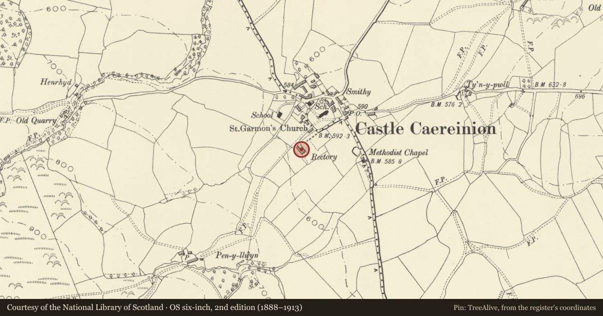 Ordnance Survey six-inch map, 2nd edition (1888–1913) covering the location of The Old Rectory, Castle Caereinion, Powys, with a pin at the register's coordinates