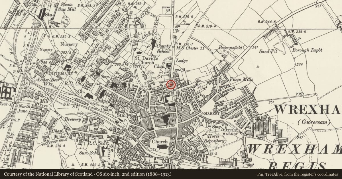 Ordnance Survey six-inch map, 2nd edition (1888–1913) covering the location of The Seven Stars Public House, Rhosddu, Wrexham, with a pin at the register's coordinates