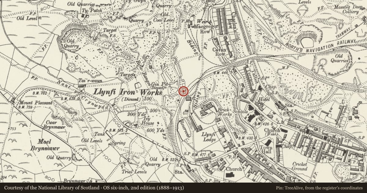 Ordnance Survey six-inch map, 2nd edition (1888–1913) covering the location of Blast Furnace at Maesteg Sports Centre, Bridgend, with a pin at the register's coordinates
