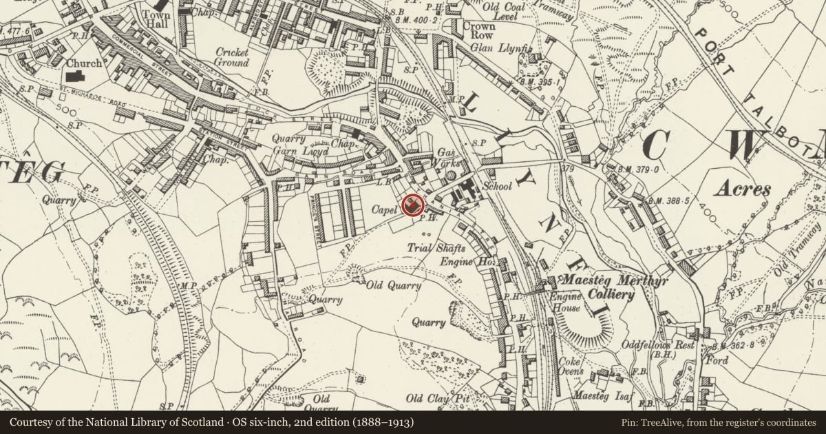Ordnance Survey six-inch map, 2nd edition (1888–1913) covering the location of Bethania Capel y Bedyddwyr Neillduol, Maesteg, Bridgend, with a pin at the register's coordinates