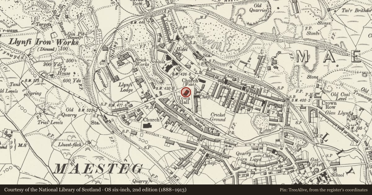 Ordnance Survey six-inch map, 2nd edition (1888–1913) covering the location of Neuadd y Dref (Town Hall ), Maesteg, Bridgend, with a pin at the register's coordinates