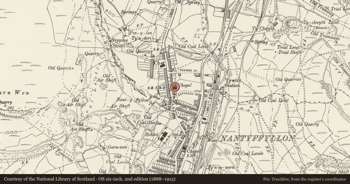 Ordnance Survey six-inch map, 2nd edition (1888–1913) covering the location of Salem Welsh Baptist Chapel, Maesteg, Bridgend, with a pin at the register's coordinates