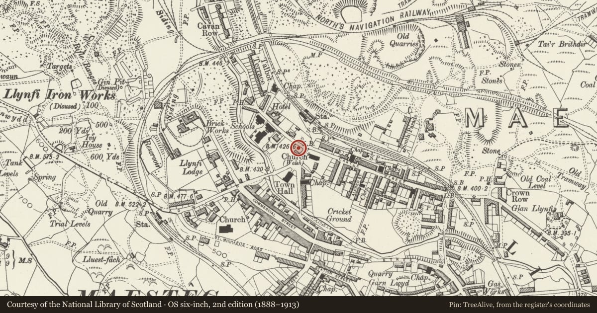 Ordnance Survey six-inch map, 2nd edition (1888–1913) covering the location of North Company Offices, Maesteg, Bridgend, with a pin at the register's coordinates