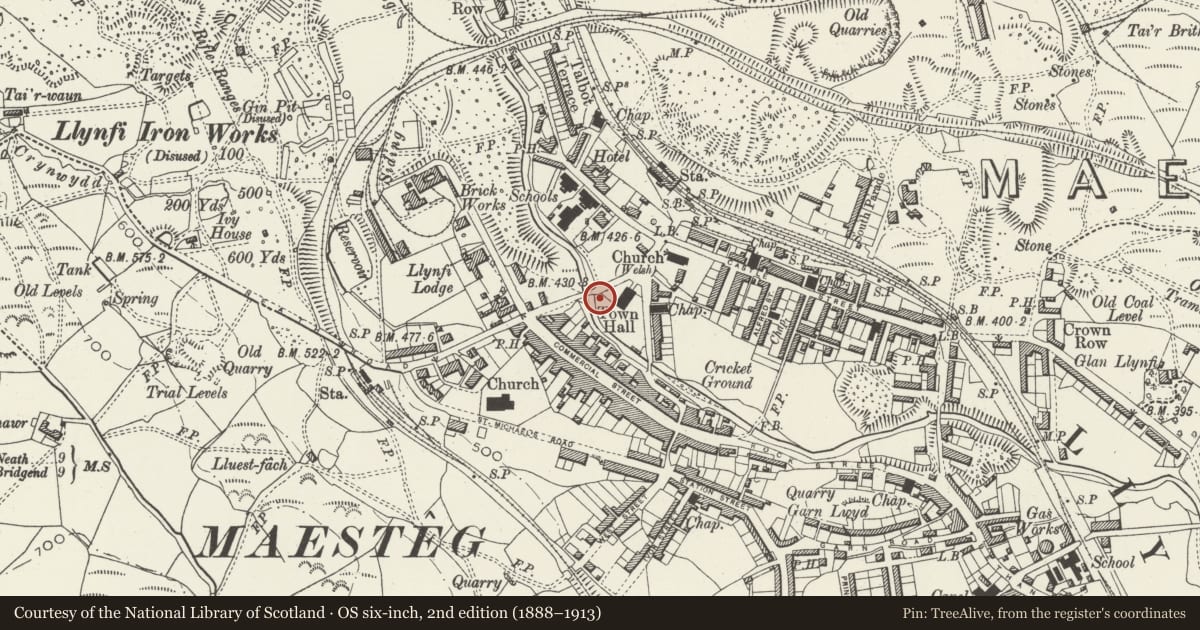 Ordnance Survey six-inch map, 2nd edition (1888–1913) covering the location of Maesteg Council Offices, with flanking walls and piers, Bridgend, with a pin at the register's coordinates