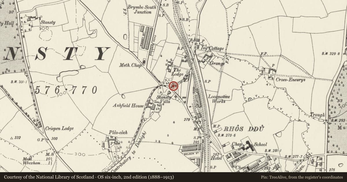 Ordnance Survey six-inch map, 2nd edition (1888–1913) covering the location of Stansty Cottage, Rhosddu, Wrexham, with a pin at the register's coordinates
