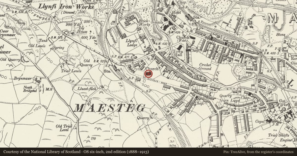 Ordnance Survey six-inch map, 2nd edition (1888–1913) covering the location of Church of St Michael and All Angels, Llangynwyd with Maesteg, including enclosing graveyard wall, Bridgend, with a pin at the register's coordinates