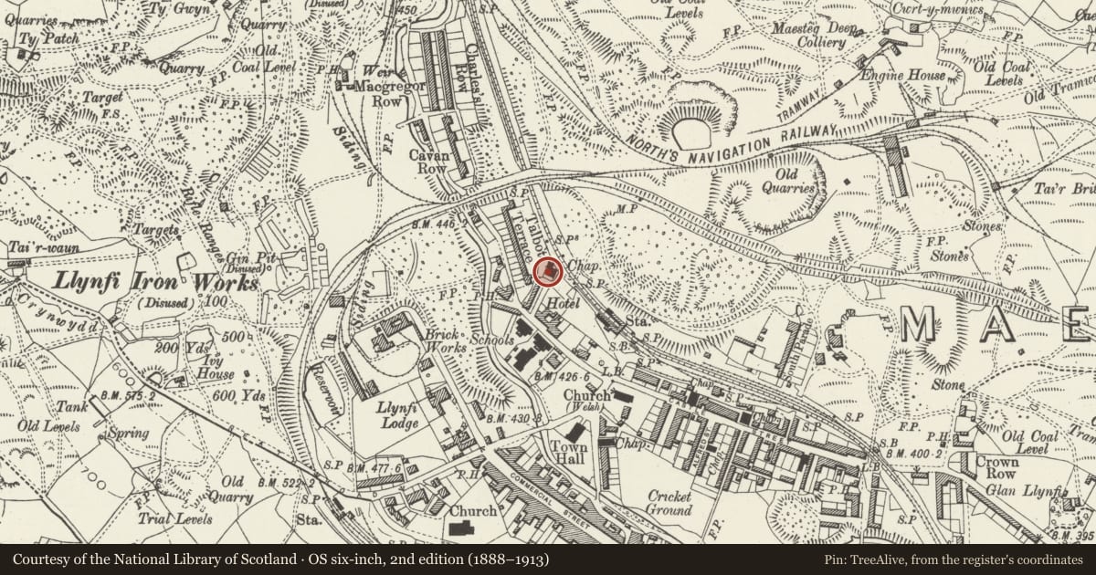 Ordnance Survey six-inch map, 2nd edition (1888–1913) covering the location of Zoar Chapel, Maesteg, Bridgend, with a pin at the register's coordinates