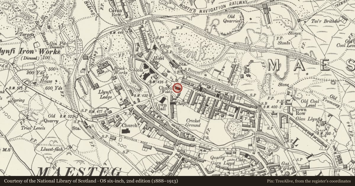 Ordnance Survey six-inch map, 2nd edition (1888–1913) covering the location of Church of St David, and surrounding churchyard railed wall, Maesteg, Bridgend, with a pin at the register's coordinates