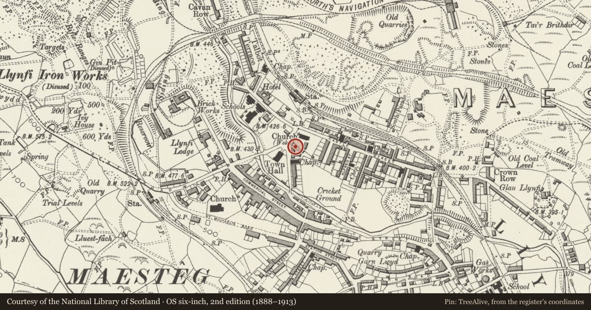 Ordnance Survey six-inch map, 2nd edition (1888–1913) covering the location of Colonel North Memorial Hall, Maesteg, Bridgend, with a pin at the register's coordinates