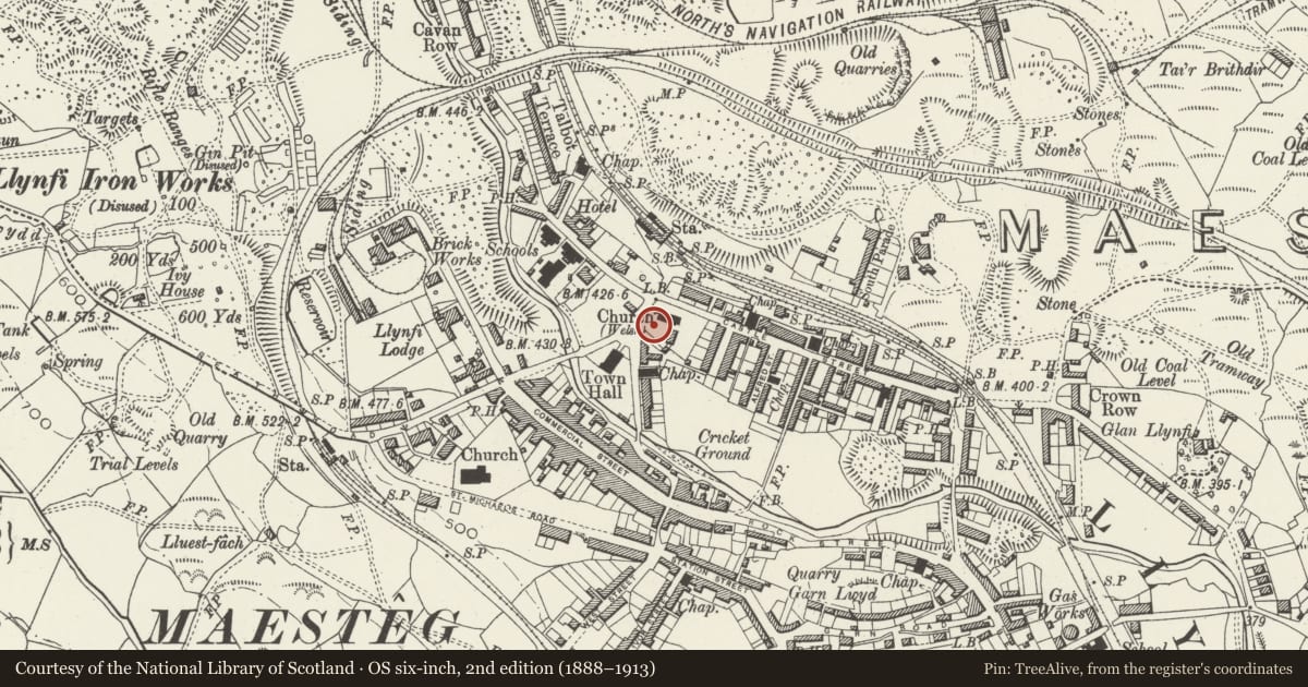 Ordnance Survey six-inch map, 2nd edition (1888–1913) covering the location of Post Office, Maesteg, Bridgend, with a pin at the register's coordinates