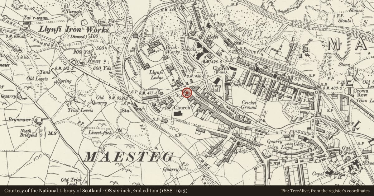 Ordnance Survey six-inch map, 2nd edition (1888–1913) covering the location of The Star Public House, Maesteg, Bridgend, with a pin at the register's coordinates