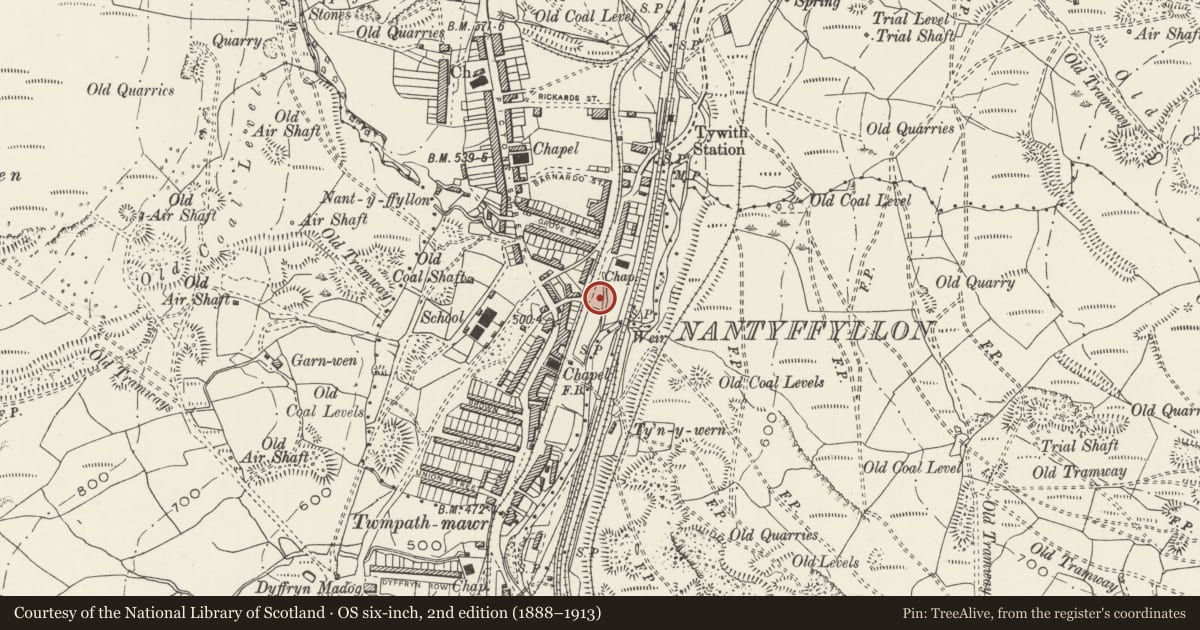Ordnance Survey six-inch map, 2nd edition (1888–1913) covering the location of Nantyffyllon Workmen's Institute, Maesteg, Bridgend, with a pin at the register's coordinates