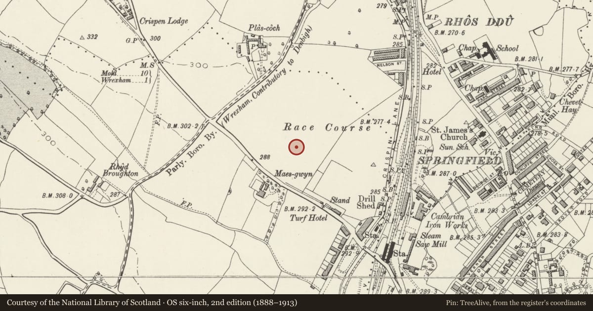 Ordnance Survey six-inch map, 2nd edition (1888–1913) covering the location of Newi: Plas Coch (former Denbighshire Technical College), Rhosddu, Wrexham, with a pin at the register's coordinates