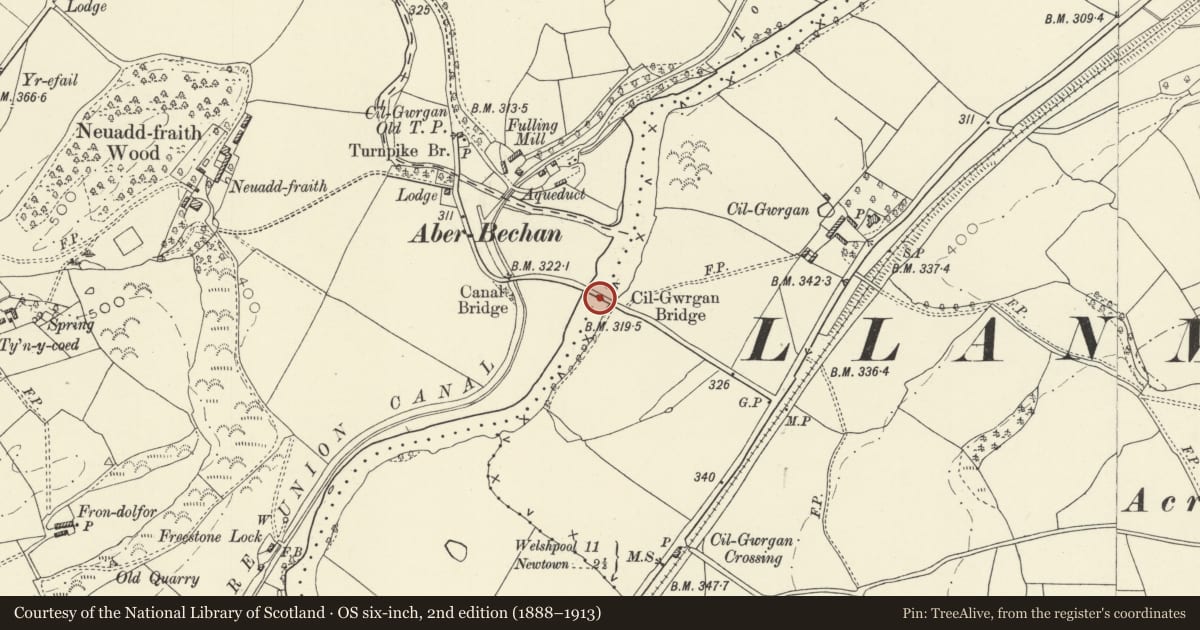 Ordnance Survey six-inch map, 2nd edition (1888–1913) covering the location of Cilgwrgan Bridge, Llandyssil, Powys, with a pin at the register's coordinates