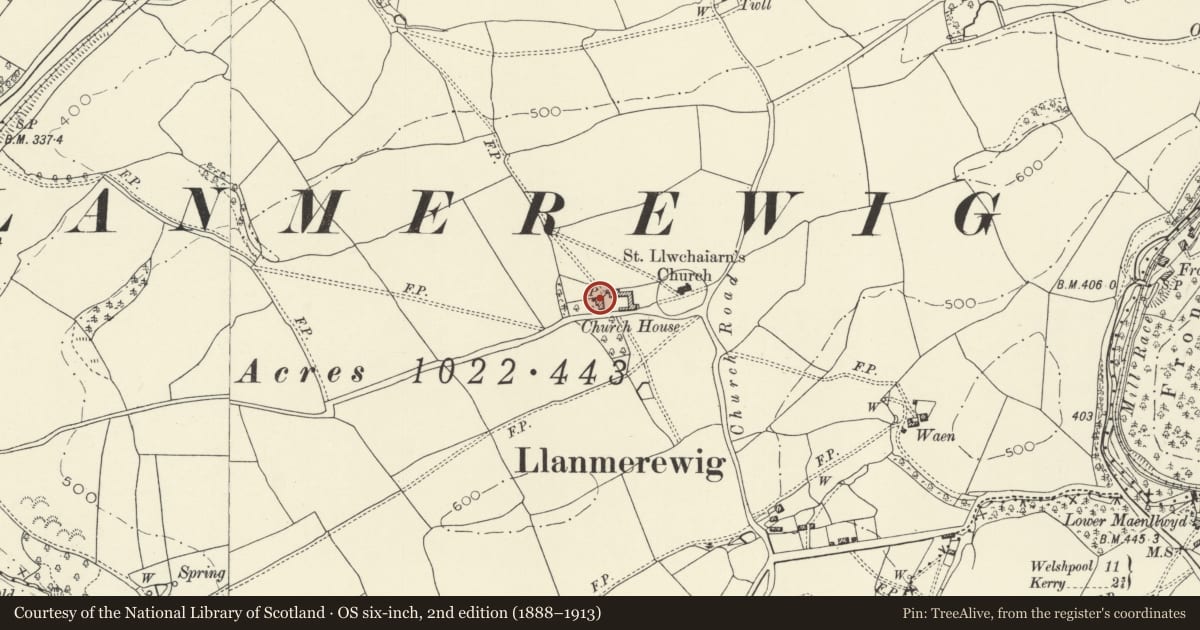 Ordnance Survey six-inch map, 2nd edition (1888–1913) covering the location of Church House, Llandyssil, Powys, with a pin at the register's coordinates