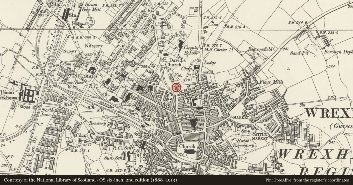 Ordnance Survey six-inch map, 2nd edition (1888–1913) covering the location of Old Library, Rhosddu, Wrexham, with a pin at the register's coordinates