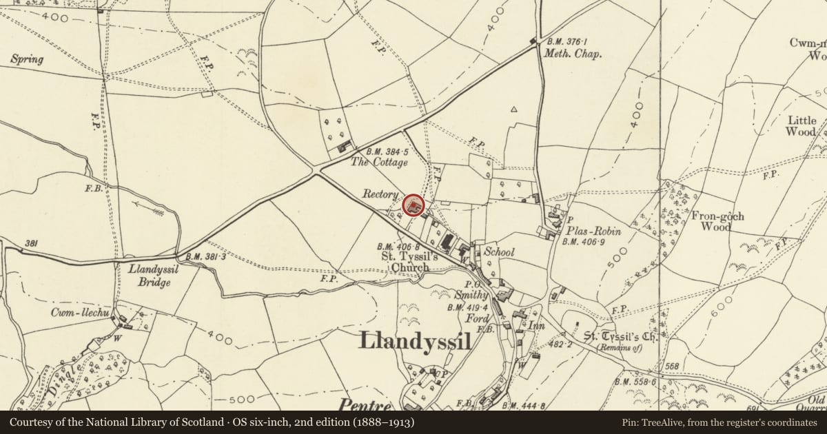 Ordnance Survey six-inch map, 2nd edition (1888–1913) covering the location of The Old Rectory, Llandyssil, Powys, with a pin at the register's coordinates