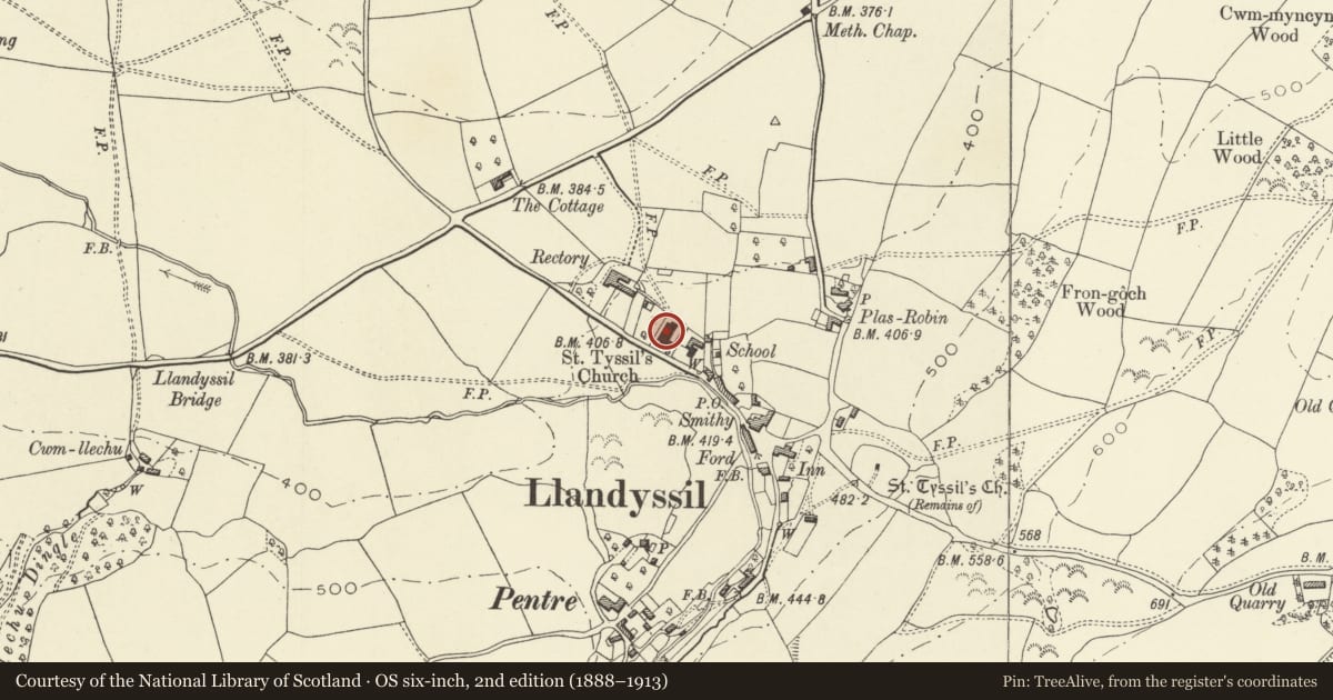 Ordnance Survey six-inch map, 2nd edition (1888–1913) covering the location of Church of St. Tyssil, Llandyssil, Powys, with a pin at the register's coordinates