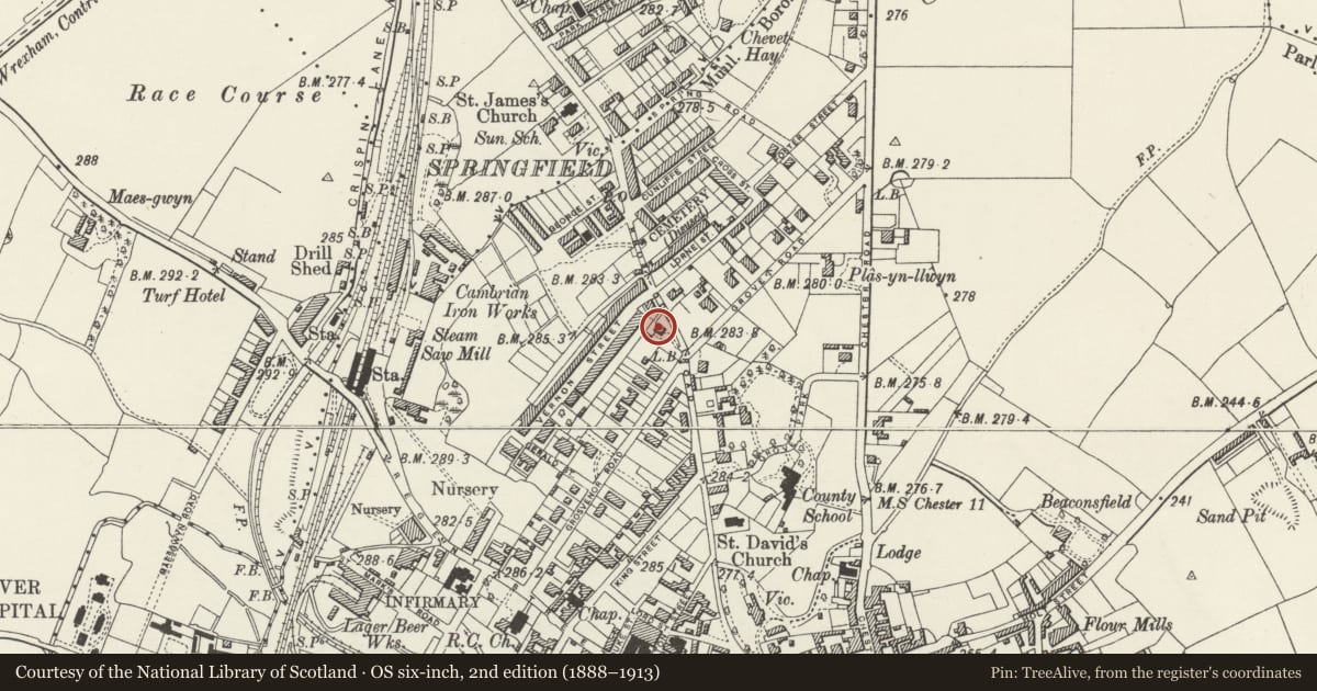 Ordnance Survey six-inch map, 2nd edition (1888–1913) covering the location of Abbotsfield Priory Hotel, Rhosddu, Wrexham, with a pin at the register's coordinates