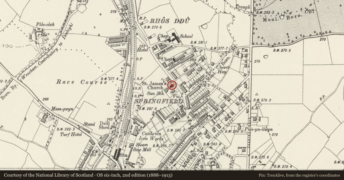 Ordnance Survey six-inch map, 2nd edition (1888–1913) covering the location of Church of St James, Rhosddu, Wrexham, with a pin at the register's coordinates
