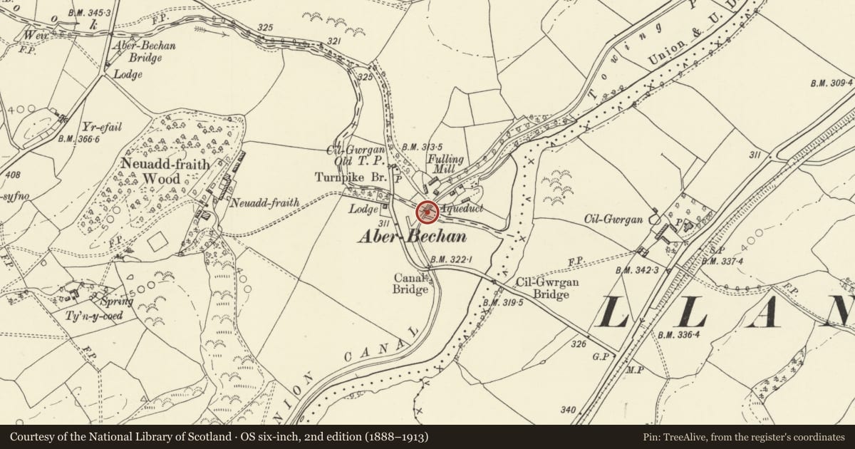 Ordnance Survey six-inch map, 2nd edition (1888–1913) covering the location of Aberbechan Aqueduct, Llandyssil, Powys, with a pin at the register's coordinates