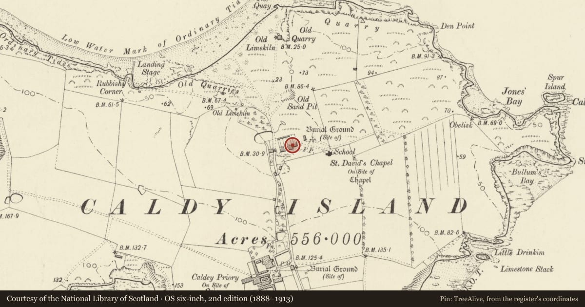 Ordnance Survey six-inch map, 2nd edition (1888–1913) covering the location of The Cottages, Tenby, Pembrokeshire, with a pin at the register's coordinates