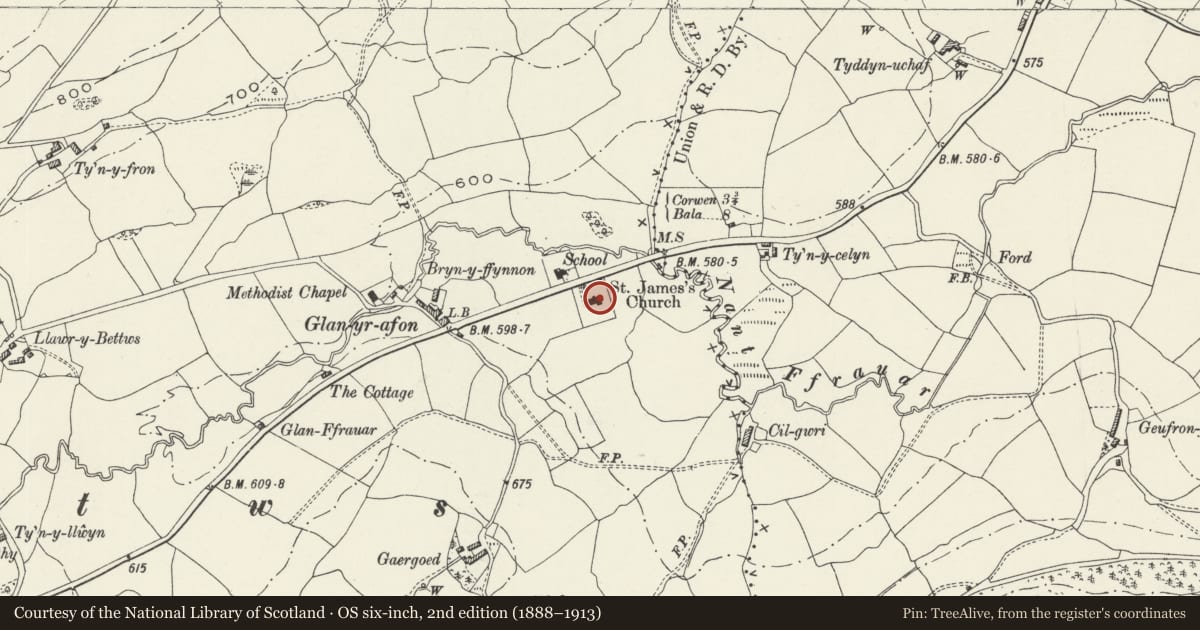 Ordnance Survey six-inch map, 2nd edition (1888–1913) covering the location of Church of Saint James the Great, Llandderfel, Gwynedd, with a pin at the register's coordinates