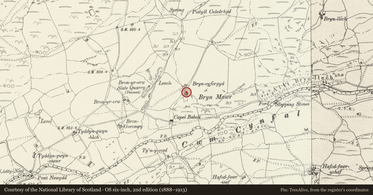 Ordnance Survey six-inch map, 2nd edition (1888–1913) covering the location of Bryn Cyfergyd, Ffestiniog, Gwynedd, with a pin at the register's coordinates